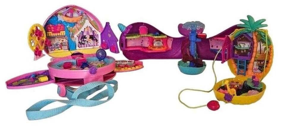 Polly Pocket Lot Theme Park Backpack Narwhal Boat Pineapple Purse Figures